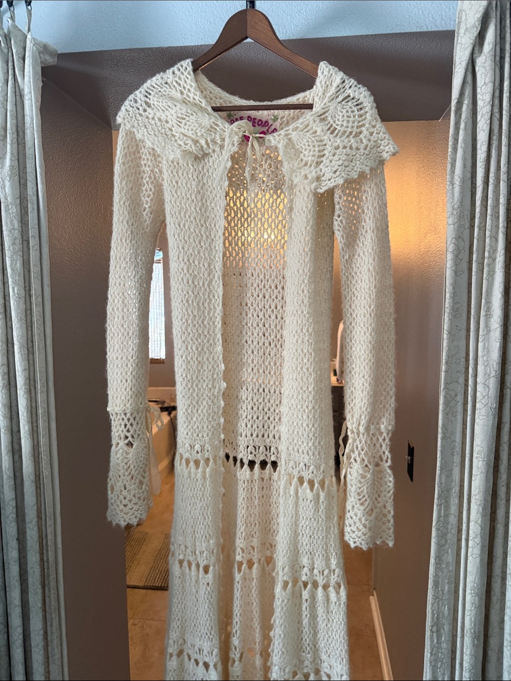Free People Cream Crochet Longline Cardigan with Scalloped Collar